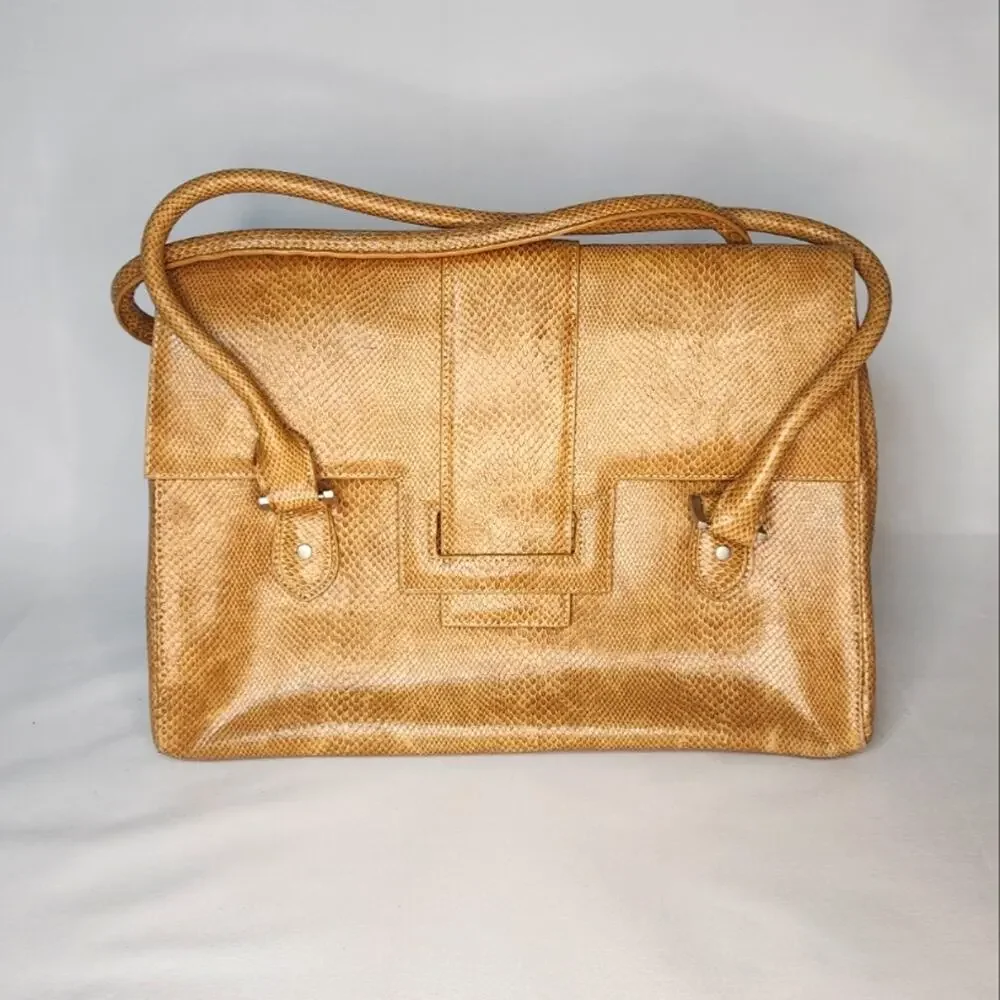 CHARLIE LAPSON Tan Leather Snake Satchel Handbag Purse